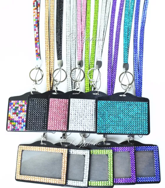 New Multi-Colors Rhinestone Lanyard with Full Bling Horizontal ID Badge Holder