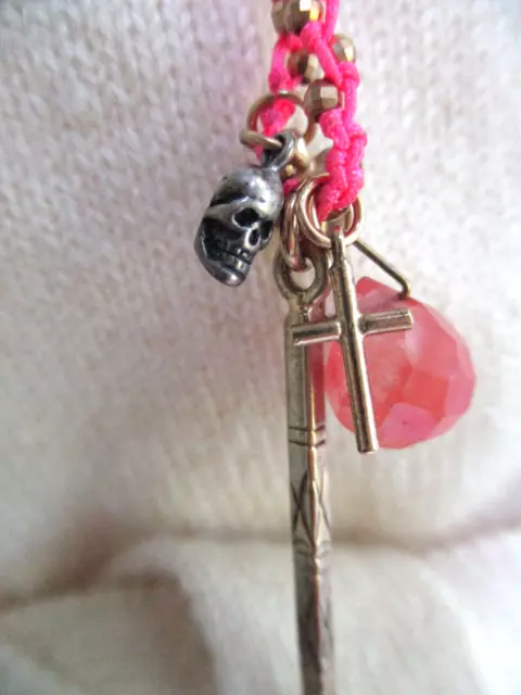 Religious Charm Necklace Cross Sword Skull 925 Sterling Silver Heart Pink Chain