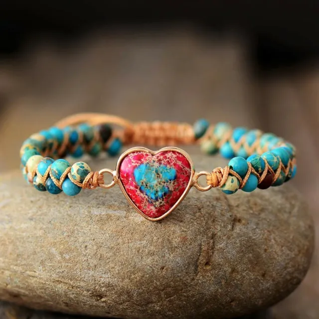 Natural Stone Heart Charm Bracelets Macrame Adjustable Women Handmade Friendship
