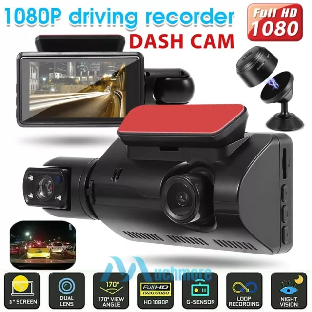 Car Dual Lens Dash Cam Video Recorder G-Sensor HD 1080P Front Rear Inside Camera