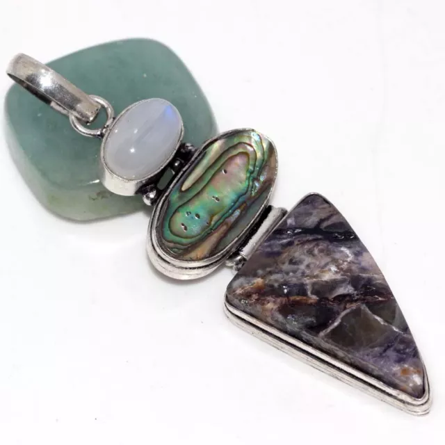 925 Silver Plated-Purple Fluorite Abalone Shell Long Pendant Jewelry 3" JW