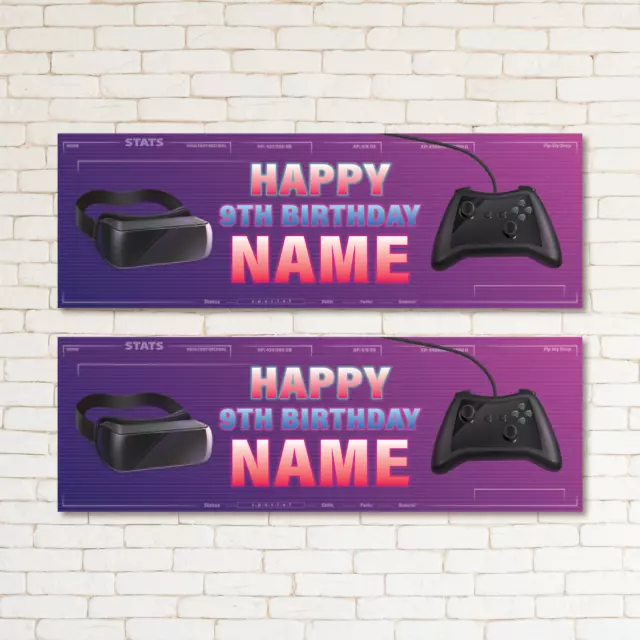 2 Personalised Birthday Video Game Banner Joystick Boy Kids Party Decor