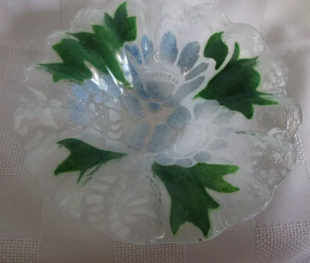 SYDENSTRICKER PEONY Blue White Green 6 1/2" Fruit BOWL Fused Art Glass Early!
