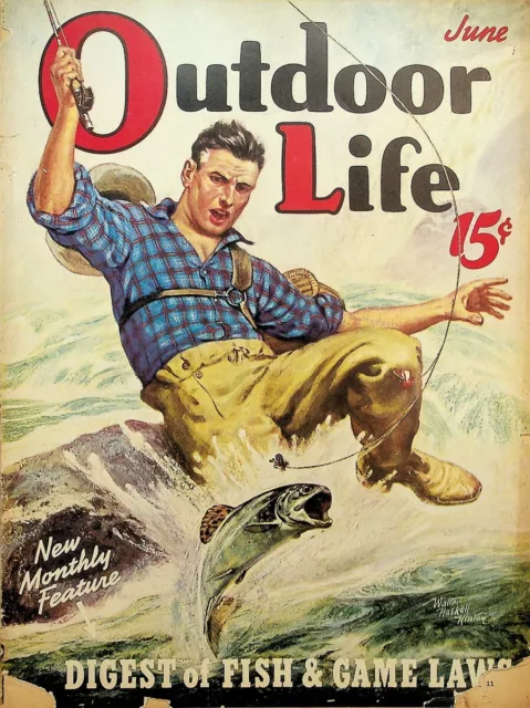 Outdoor Life June 1939 Hunting Trout FLy Fishing River Waders Hinton Art