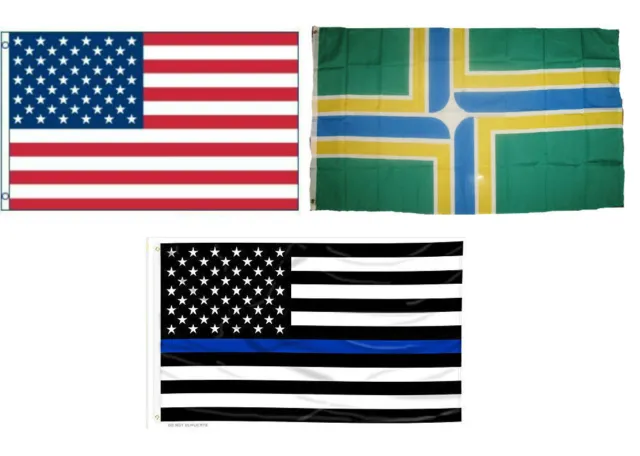 3x5 USA & Portland Oregon & USA Police Thin Blue Line Flag Wholesale Set 3'x5'