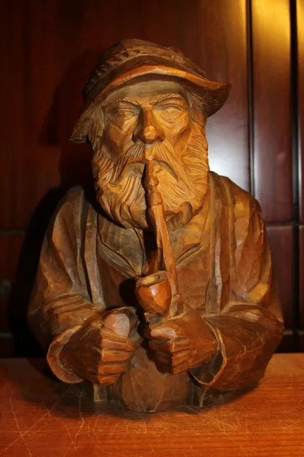Antique 12.8" Wood Hand Carved Black Forest German Smoking Old Man + Beard Bust