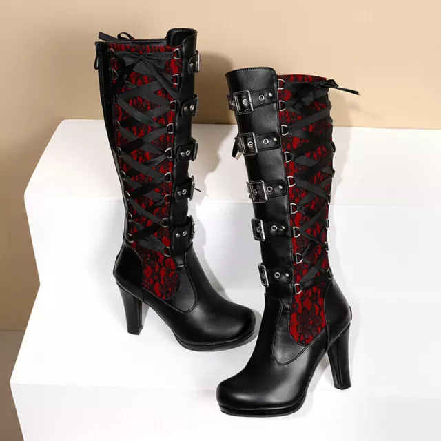 Steampunk Victorian Women High Heel Gothic Tall Lace Up Knee High Pirate Boots