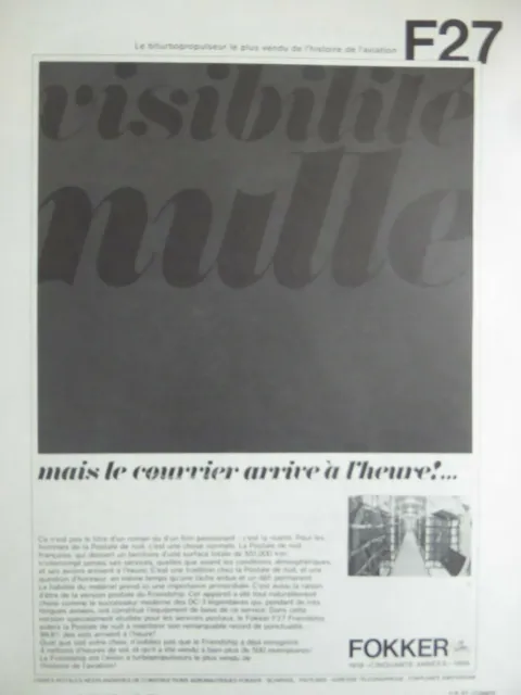 9/1969 Pub Fokker Aircraft F27 Friendship Night Post Original French Ad