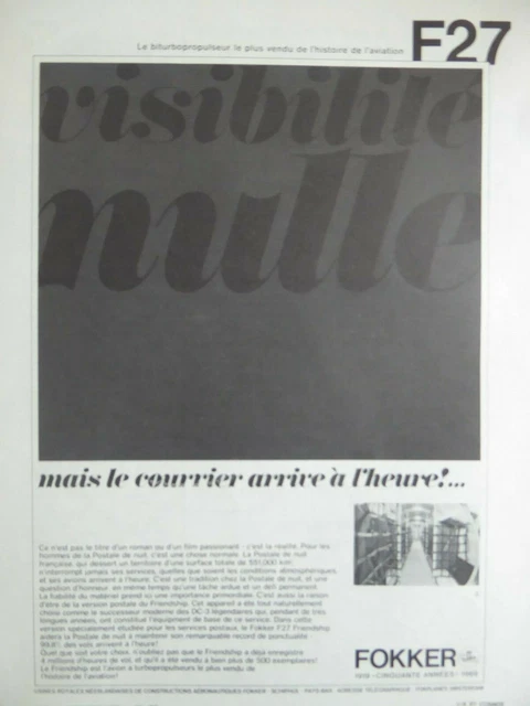9/1969 Pub Fokker Aircraft F27 Friendship Night Post Original French Ad