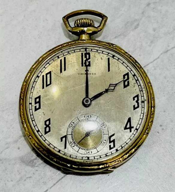 Antique Edwardian Tavannes Pocket Watch 14k Gold Filled 43mm 17J Swiss 1904