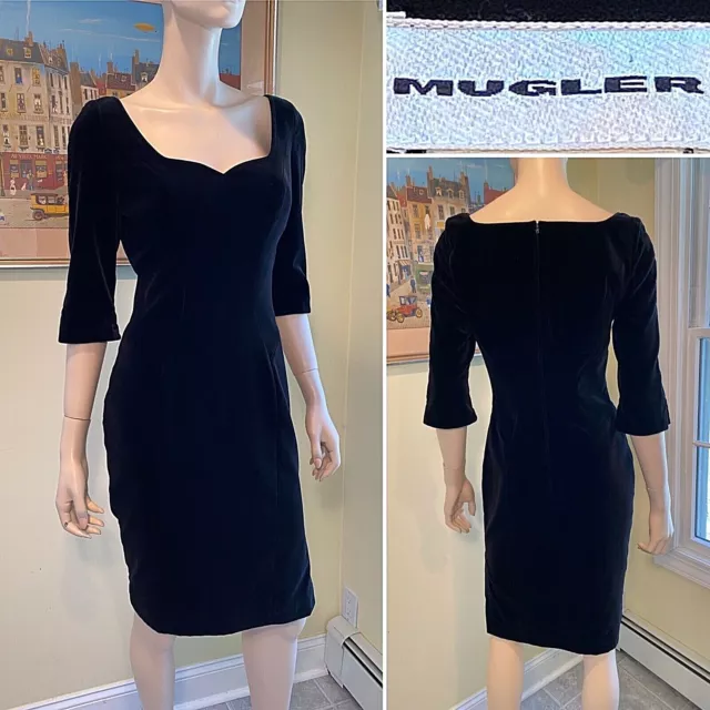 Vintage THIERRY MUGLER Size 6/Small Black Velvet 3/4 Sleeve Knee-Length Dress