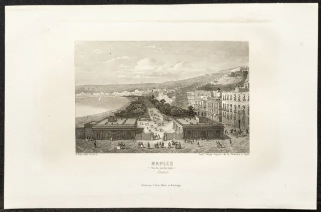 1862 - Naples view from the royal garden - antique engraving - Italy