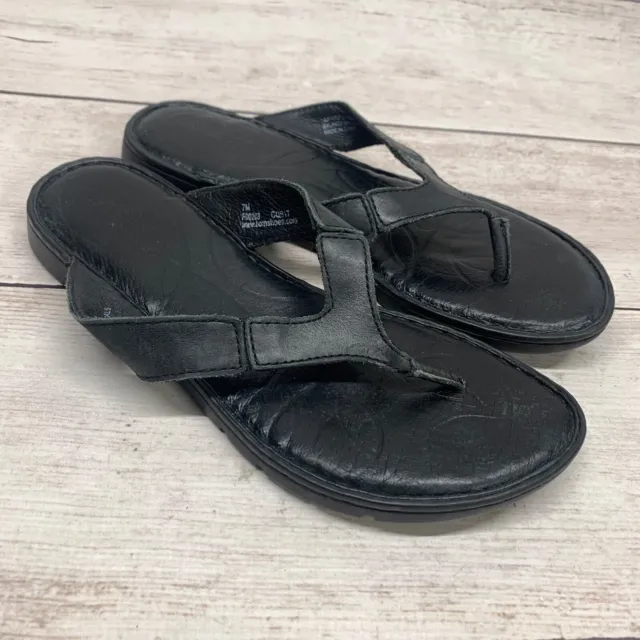 Born Sandals Women's Size 7M Black Flat Slip On Thong Flip Flops Casual Leather