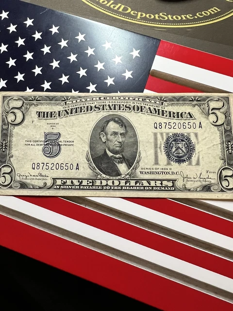 1934 D $5 Five Dollar Silver Certificate Blue Seal Nice Note Q87520650A