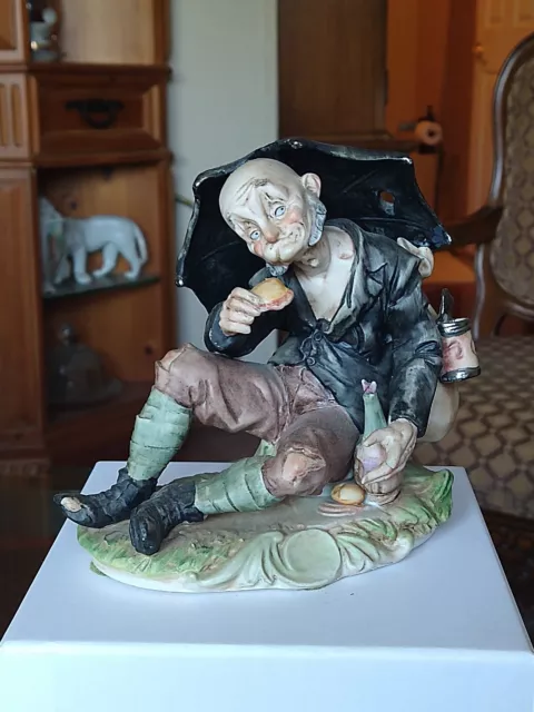 Vtg. "Capodimonte" Figurine Old HOBO w/Umbrella & Wine 7"H Signed (BRUNO 1043)