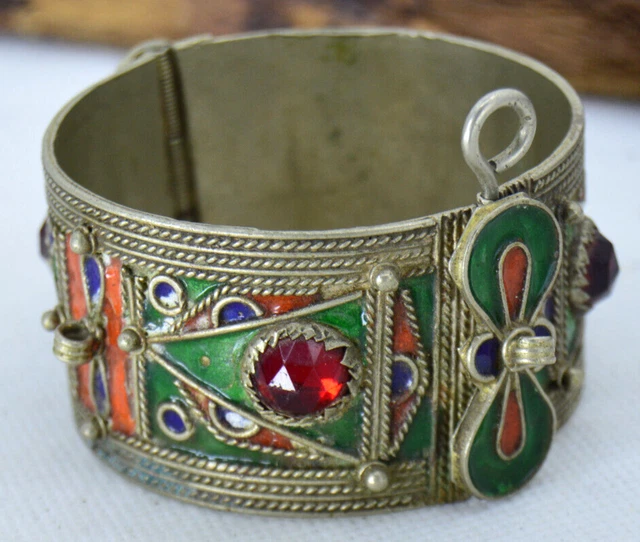 Ancient Antique Moroccan Berber Cuff Bracelet Enamel Ethnic Bangle Authentic