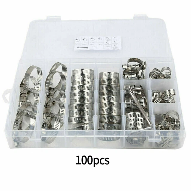 100 Pezzi Assortito Acciaio Inox Calze Clamp-Kit Con Nessun Driver Jubilee Set