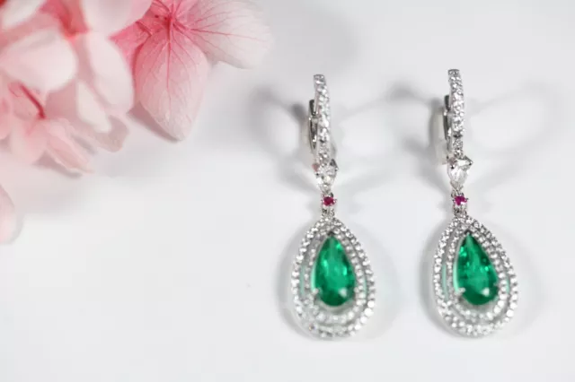 Colombia Emerald Diamond Encrusted 18K White Gold Earrings