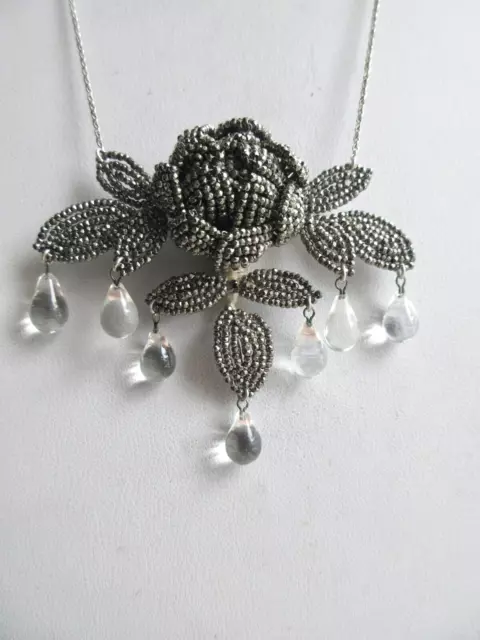 Vintage ART DECO Cut Steel Seed Beads Floral Pendant Sterling Silver Necklace