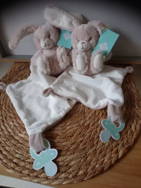Doudou peluche lapin beige clair nez doré mouchoir blanc lot Tex neuf + cadeau
