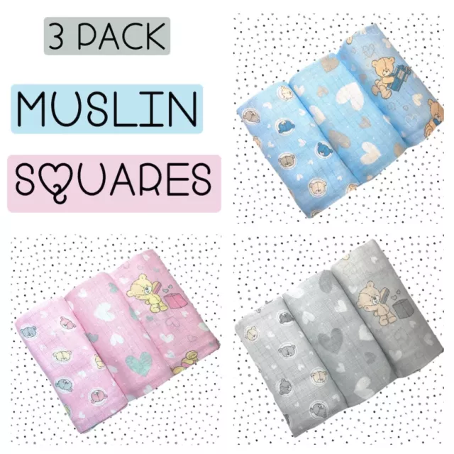 ✅ 3Pack Large Printed Muslin Squares Baby Cloth Reusable Nappy Bibs Wipes Gift