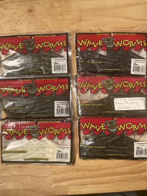 Lot 6 Wave Worms 3" Tiki Grass Craw Christmas Tree White Black Blue Junebug Wtrm