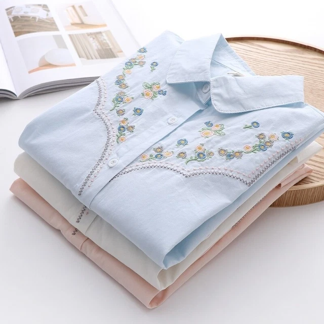 Donna Ragazza Floreale Camicia Camicetta Cotone Top Ricamato Stile Etnico Preppy