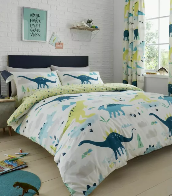 Kids Chilren's Boys Dinosaur Reversible Duvet Quilt Cover Bed Sets OR Curtains