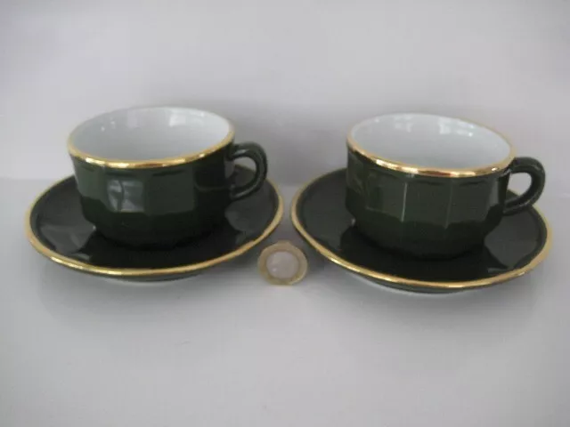 2  x  APILCO GREEN & GOLD SMALL COFFEE TEA CUPS AND SAUCERS FRENCH BISTRO WARE E
