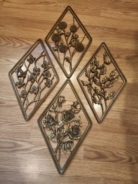 Set of 4 Syroco Wood Gold Retro Floral Flower  Mid Century Mod Wall Plaques