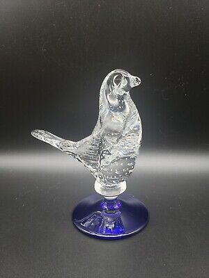 Murano Style Control Bubble Art Glass Bird Dove on Clear/Cobalt Pedestal 5 1/2"