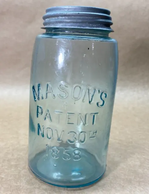 Vintage Atlas Mason Jar Quart no mold number Blue glass 1858