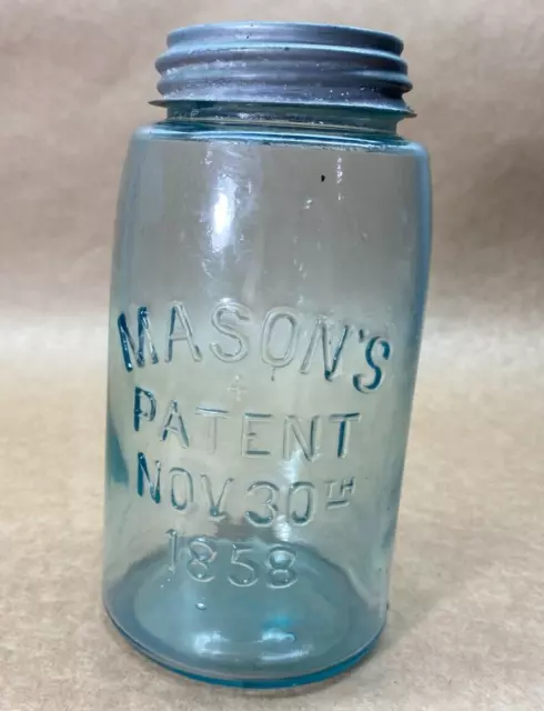 Vintage Atlas Mason Jar Quart no mold number Blue glass 1858 Vintage Atlas Mason Jar Quart no mold number Blue glass 1858