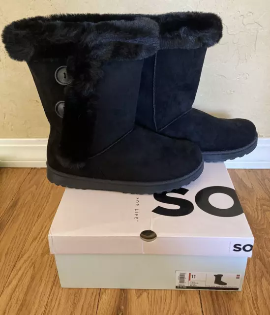 NEW Women's Size 11 SO Black Winter Boots w Faux Fur & Buttons