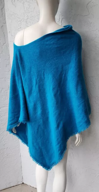 Minnie Rose Cashmere Fringed Ruana Poncho 100% Cashmere One Size Blue 3