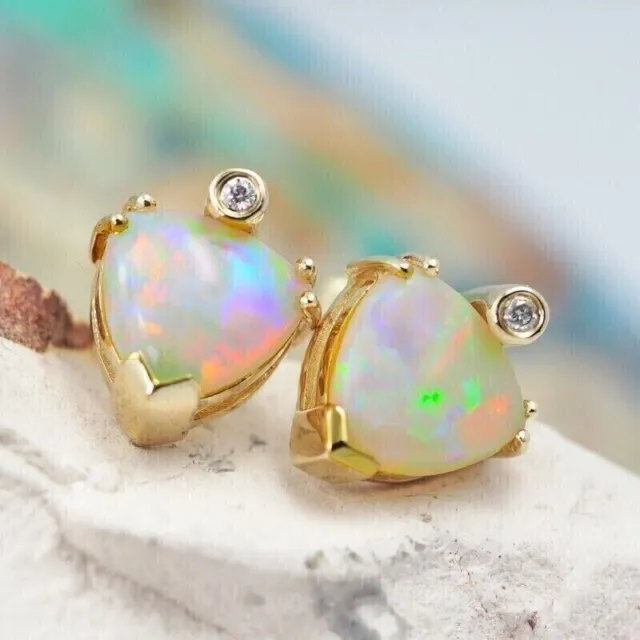 Trillion Cut Lab-Created Fire Opal  Women's Stud Earring 14K Yellow Gold Finish