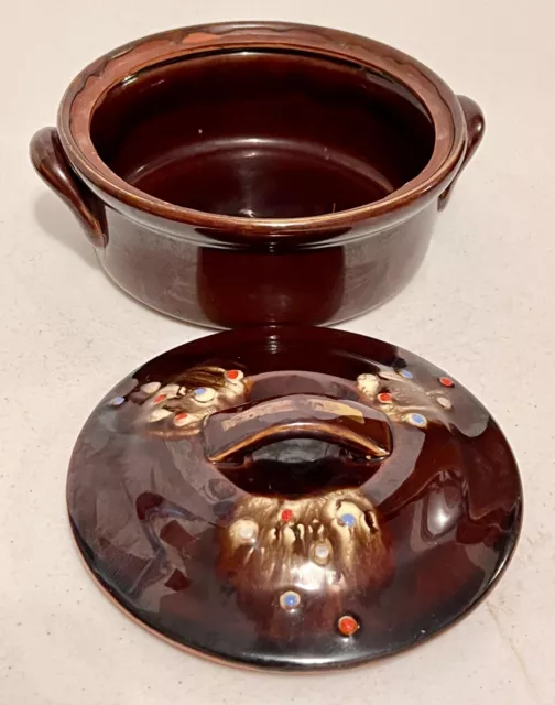 Vintage Brown Drip Stoneware Glaze Oven Proof Pot Serving Bowl With Lid 3