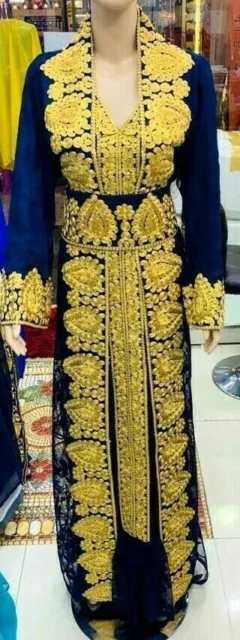 Wedding Dubai Moroccan Caftan Islamic  Farasha Georgette Blue  Embroidered work