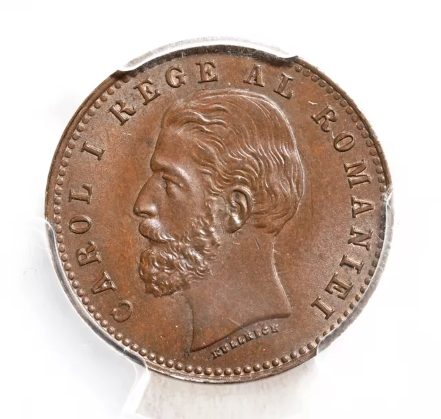 1900, Kingdom of Romania, Carol I. Copper 2 Bani Coin. Low Pop 1/3! PCGS MS-65!