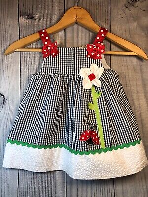 Emily Rose 12M Girls Summer Ladybug Flower Dress Blue Red Green Seersucker EUC
