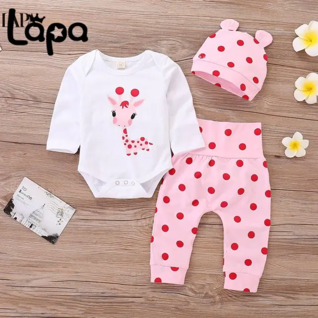 Newborn Baby Girls Romper Tops + Hat + Polka Dot Pants Outfits Toddler Clothes