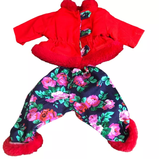 2 Piece DOLL Outfit Clothes Red Floral Jacket 7 in Long Top Pants  7 in Faux Fur