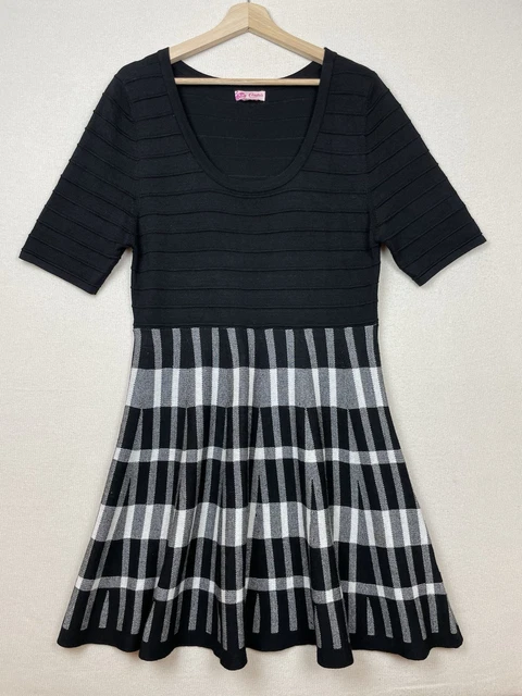 Candies Y2K Fit & Flare Women's Ribbed Knit Short Dress XL* Black & White Skater