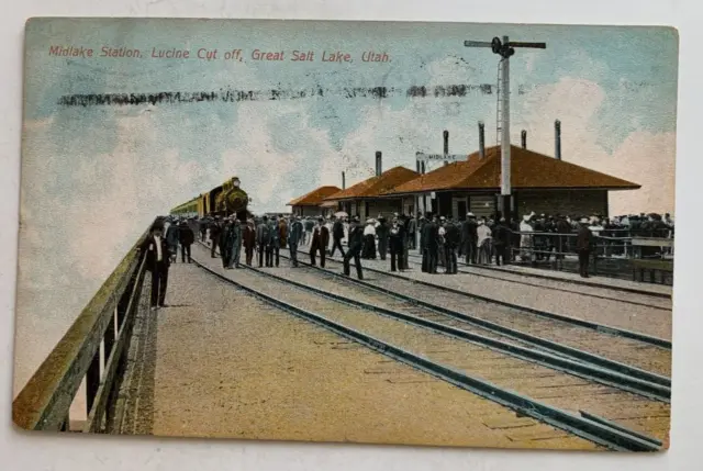 1907 UT Postcard Great Salt Lake Utah Midlake Station Lucine Cut Off RR Train