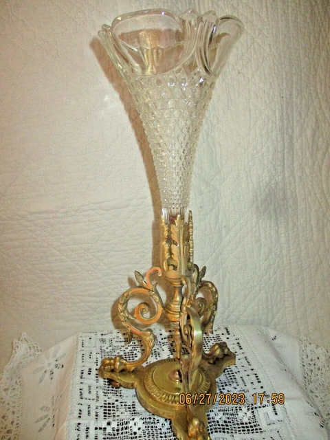 Vase Cornet Ancien Soliflore En Cristal/Verre Et Bronze - Déco Loft - Pièce Décorative Française