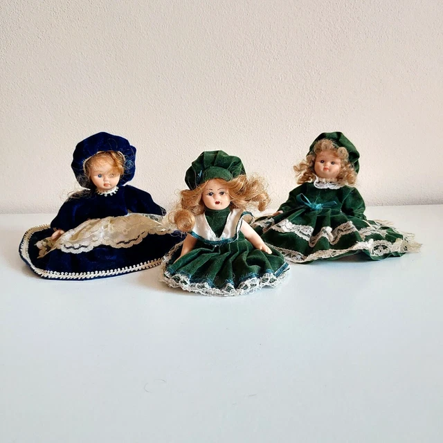 PORCELAIN VINTAGE DOLLS Set Bundle Green and Blue Dress Outift 1990's