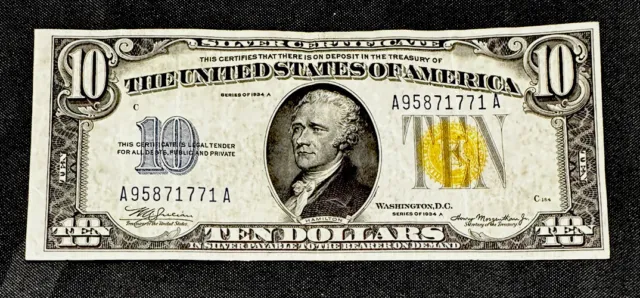 1934 A $10 Dollar North Africa Silver Certificate Yellow Seal Note