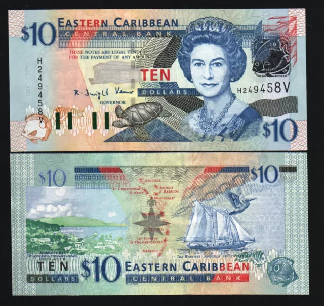 St.vincent East Caribbean 10 Dollars P-43 V (2003) Nd Queen Ship Unc Bank Note