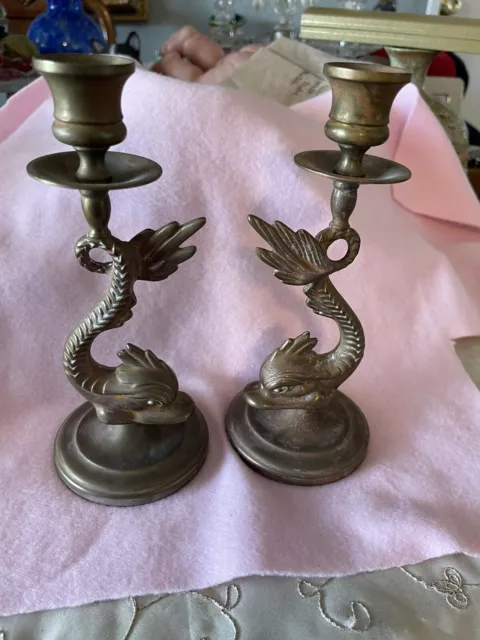 Vintage Brass Bronze Sea Serpent Dolphin Pair Of Candlesticks 8”