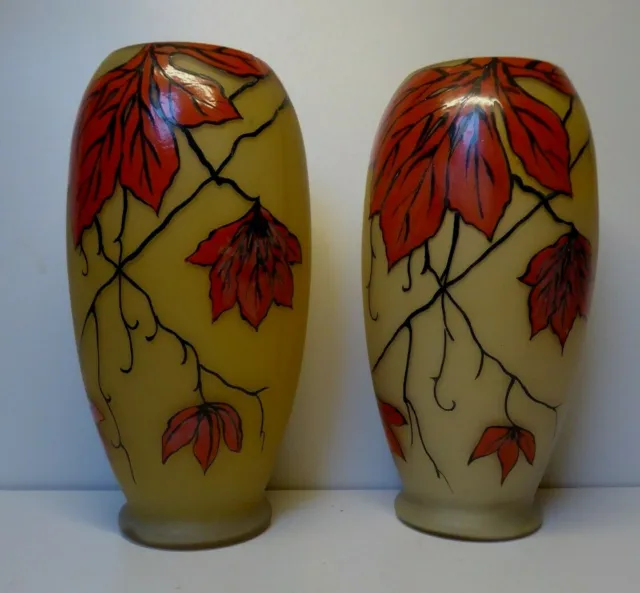 Pair Of Large Glass Vases Hand Painted Signed Ely ? Art Deco Period Enameled